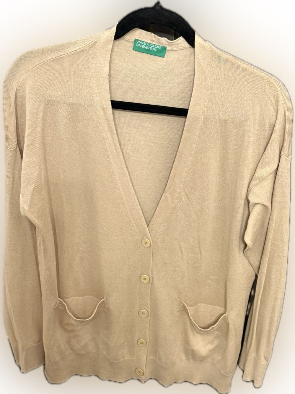 United Colors Of Benetton Beige Button-Up V-Neck Cardigan Cotton/Modal Small EUC